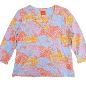 Hearts Of Palm‎ -618 Embellished V Neck 3/4 Sleeve T-Shirt Tropical Leaf Print M